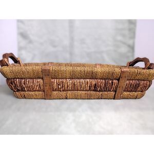 Wicker Willow Rattan and Wood Basket - Rectangular Wooden Handles Woven Tray